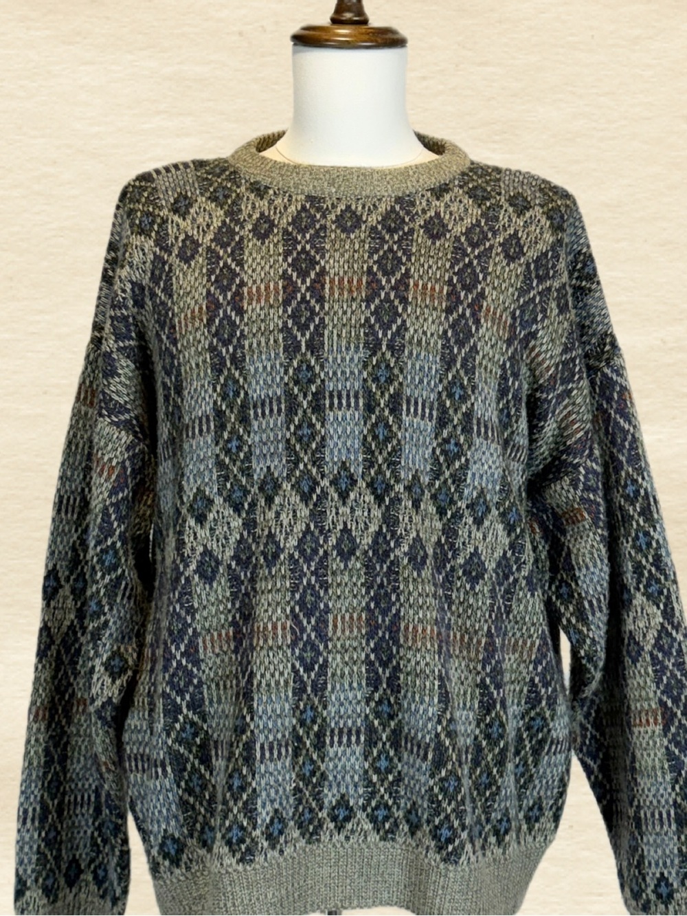VINTAGE 90s geometric knit sweater mens argyle diamond earthy neutral academia